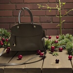 Furla Satchel Bag‎ Grey Pebbled Leather Top Handle Crossbody Bag Made in Italy